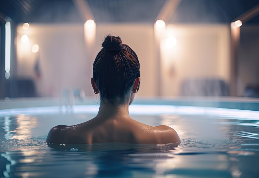 Mujer en la piscina del spa de espaldas