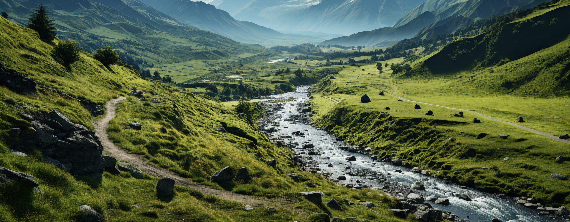 Panoramic view of a green meadow with a river and mountains in the background.