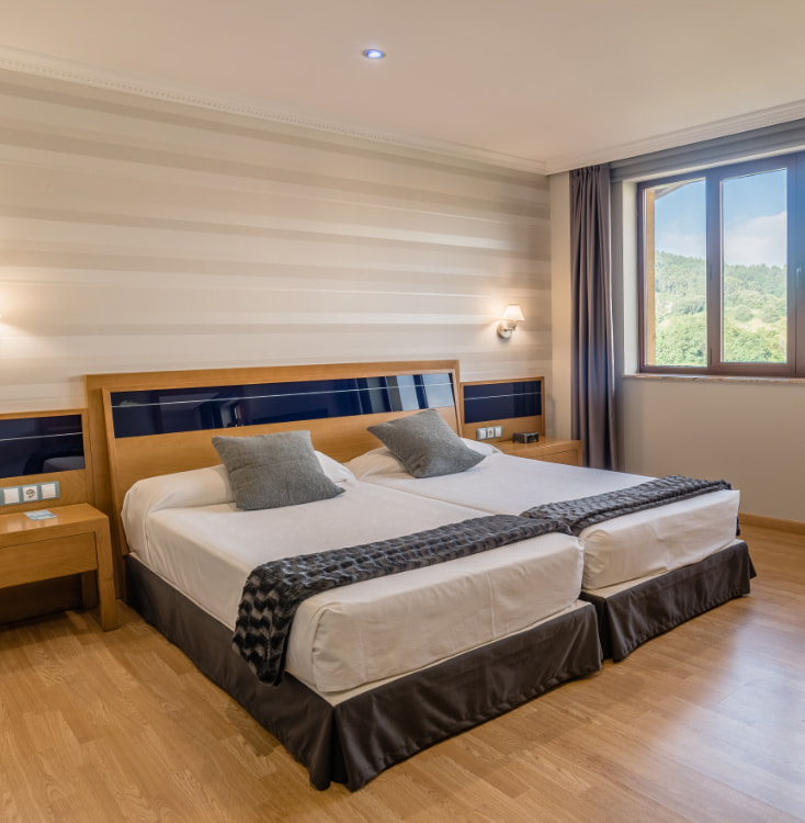 Room with double bed and window overlooking the outside of the Villa Pasiega Spa Hotel.
